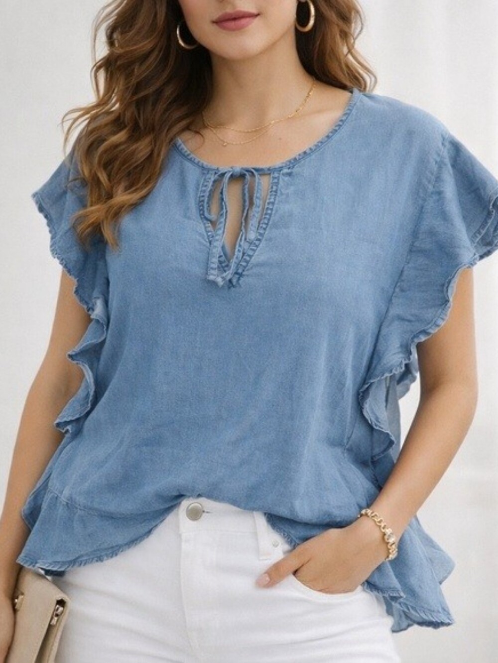 GAP Denim-Style Light Blue Tie-Neck Ruffle Sleeve Blouse